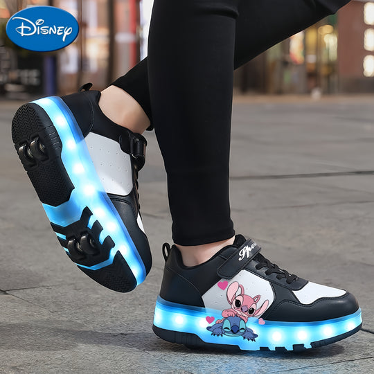 Disney 2D spotted cartoon, cool and fashionable, smooth skate shoes, USB rechargeable luminous roller skates, seven-color luminous roller skates, outdoor sports shoes, detachable skates, breathable and wear-resistant, suitable for all seasons