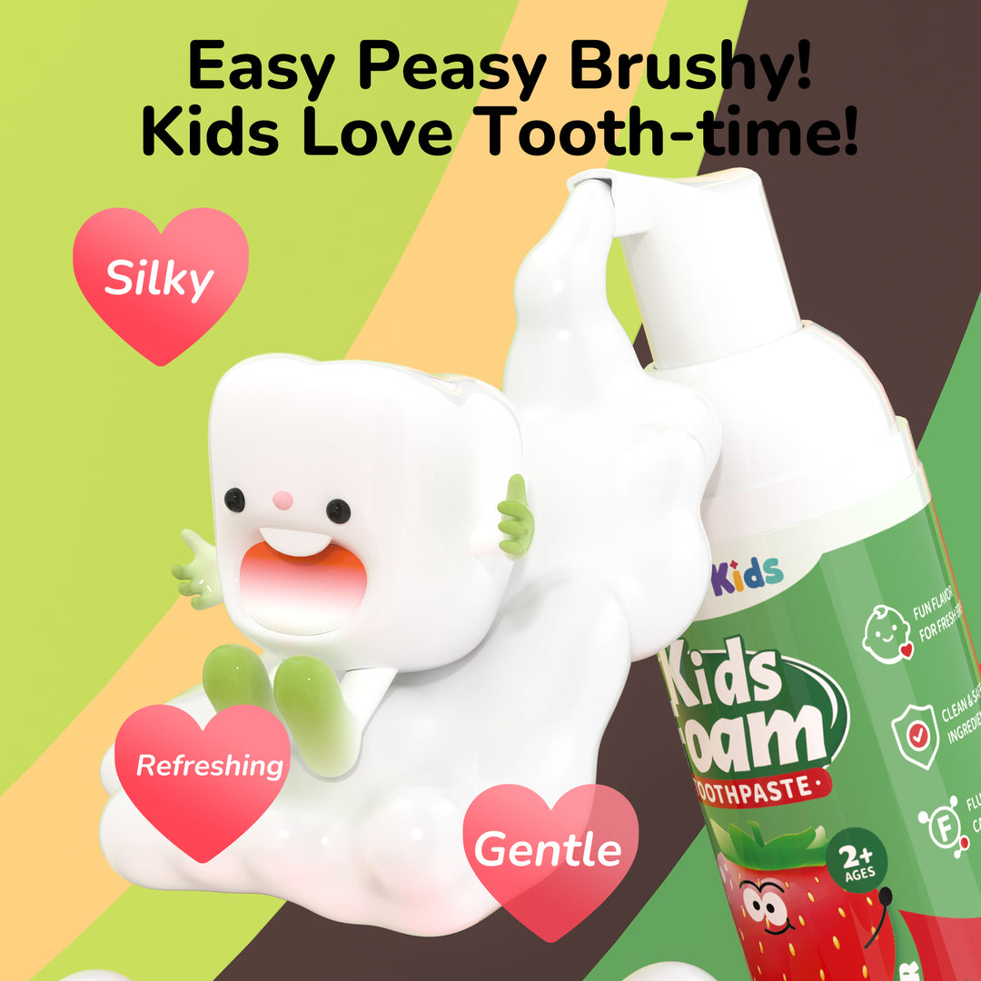 HappyBrush™ – 360° Foam Chinder Tandpasta – Erdbeer | Wassermelone | Schoggi
