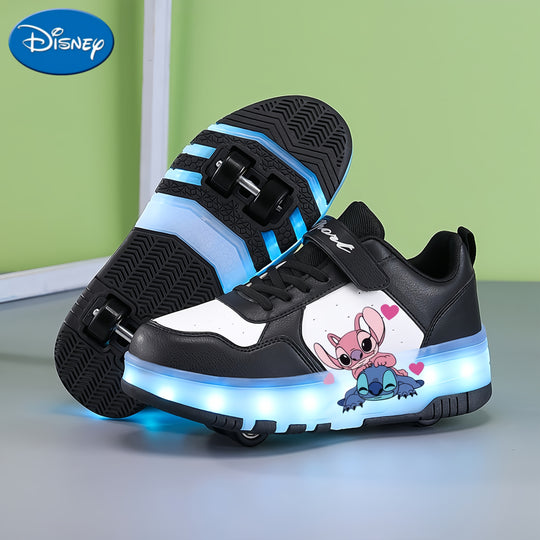 Disney 2D spotted cartoon, cool and fashionable, smooth skate shoes, USB rechargeable luminous roller skates, seven-color luminous roller skates, outdoor sports shoes, detachable skates, breathable and wear-resistant, suitable for all seasons