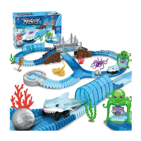 SharkTrack™ – Rennbahn Spielset – Flexible Autobahn mit Brücke & Hai-Auto | Pädagogisches Ozean Spielzüg