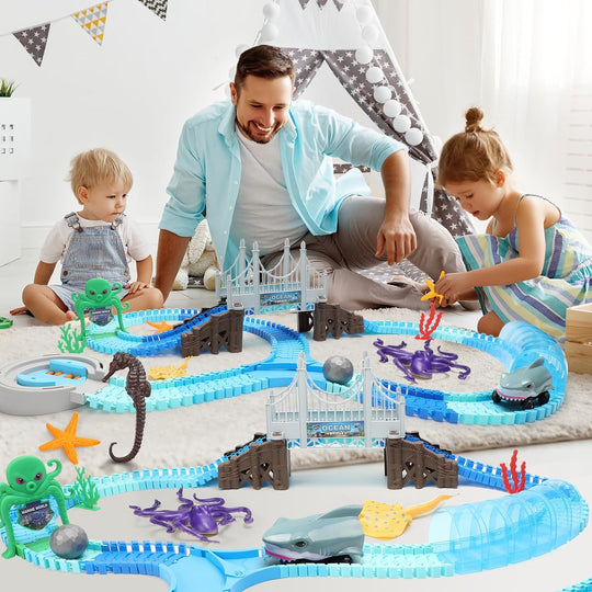 SharkTrack™ – Rennbahn Spielset – Flexible Autobahn mit Brücke & Hai-Auto | Pädagogisches Ozean Spielzüg