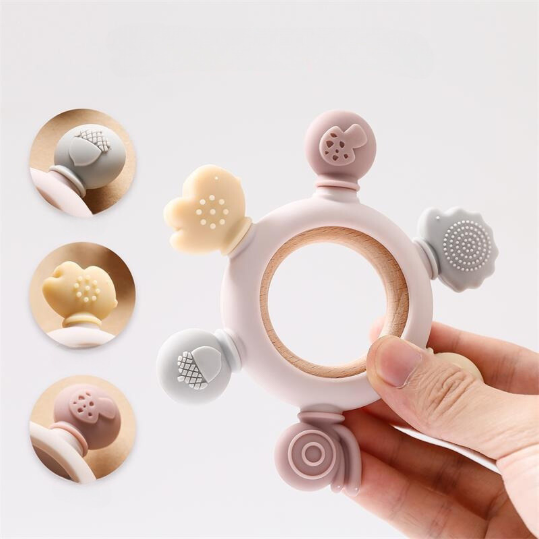 Baby teething toy made of wood and silicone