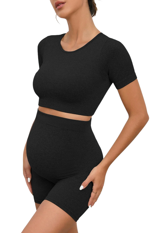 BumpEase™ – Schwangerschaftsset – Nahtloses Crop-Top & High-Waist Shorts