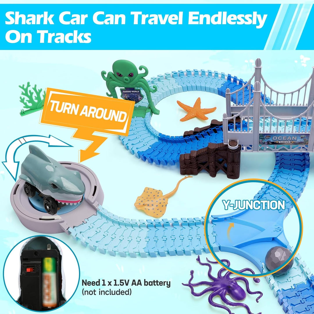 SharkTrack™ – Rennbahn Spielset – Flexible Autobahn mit Brücke & Hai-Auto | Pädagogisches Ozean Spielzüg