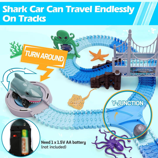 SharkTrack™ – Rennbahn Spielset – Flexible Autobahn mit Brücke & Hai-Auto | Pädagogisches Ozean Spielzüg