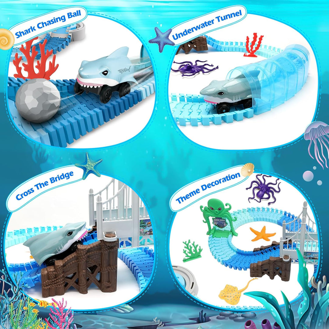 SharkTrack™ – Rennbahn Spielset – Flexible Autobahn mit Brücke & Hai-Auto | Pädagogisches Ozean Spielzüg