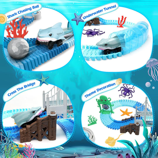 SharkTrack™ – Rennbahn Spielset – Flexible Autobahn mit Brücke & Hai-Auto | Pädagogisches Ozean Spielzüg