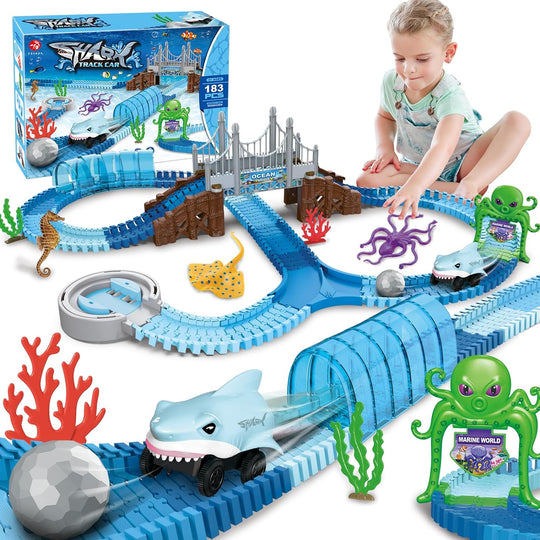 SharkTrack™ – Rennbahn Spielset – Flexible Autobahn mit Brücke & Hai-Auto | Pädagogisches Ozean Spielzüg
