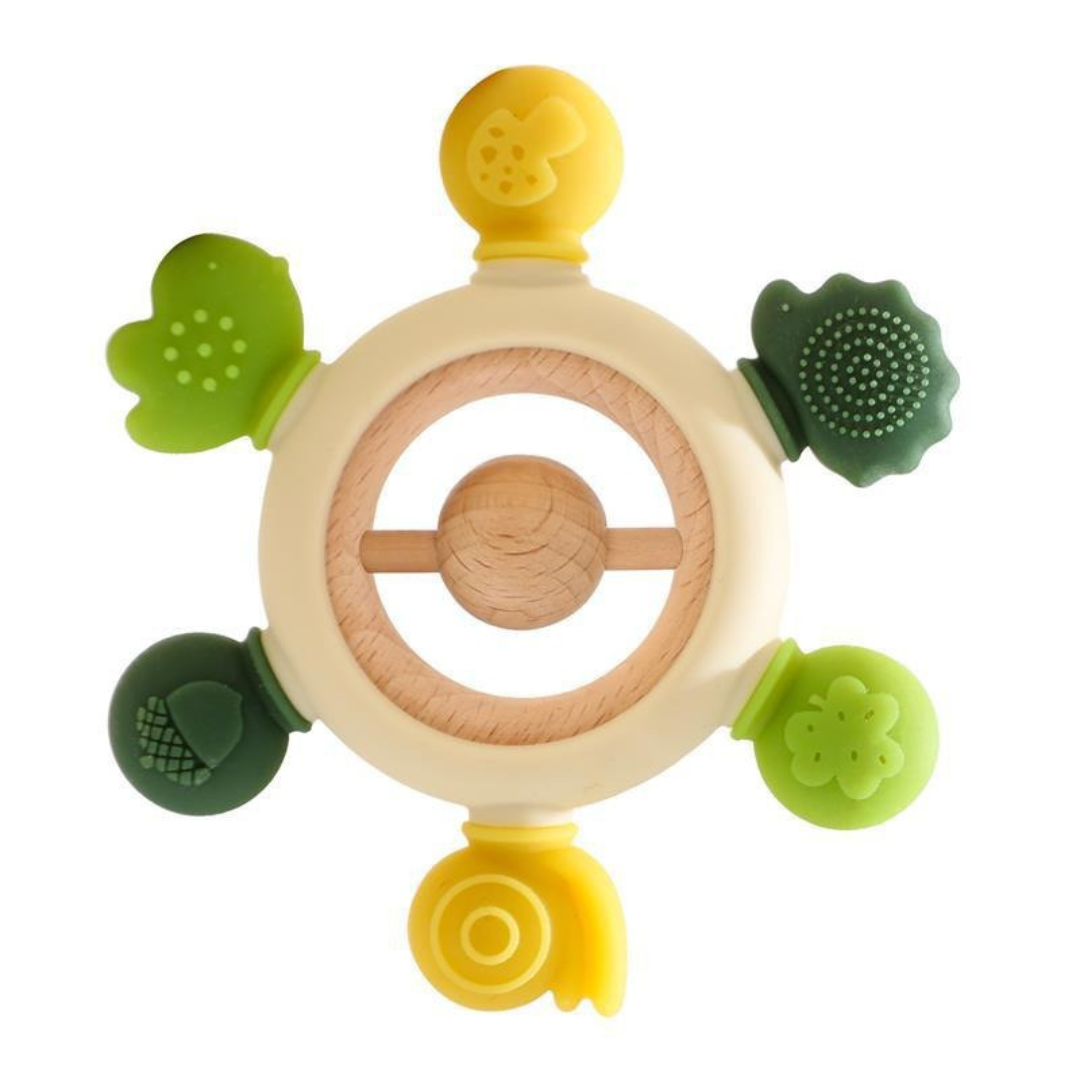 Baby-Beißspielzeug aus Holz und Silikon