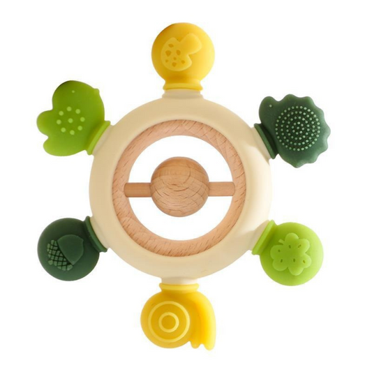 Baby-Beißspielzeug aus Holz und Silikon