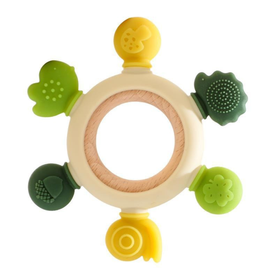 Baby-Beißspielzeug aus Holz und Silikon